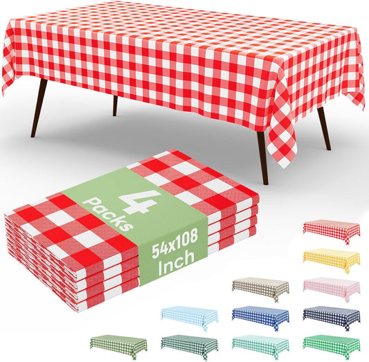 4 Packs Buffalo Disposable Table Cloth, 54 x 108 Inch Waterproof Plastic Tablecloth, Rectangle Red and White Checkered Table Covers for Picnic, Birthday, Party, Back to School