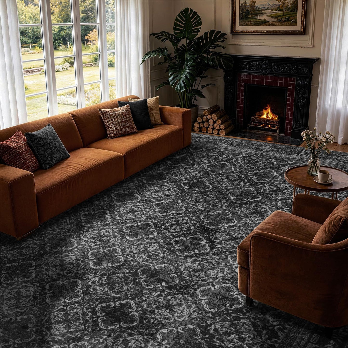 8x10 Washable Area Rug, Black Solid Area Rugs for Living Room & Bedroom | Stain-resistant & Non-slip backing,Low Pile Washable Large Carpet, Solid Vintage Style For High Traffic Areas(8x10,Black)