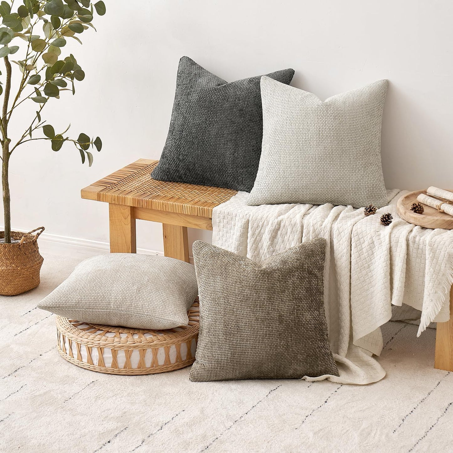 MIULEE Soft Decorative Chenille Pillow Covers Neutral 18x18 Pack of 4 | Mid Century Modern Decor, Cream to Charcoal Set, Couch Throw Pillows, Farmhouse Boho Cushion Covers for Sofa Bed Living Room