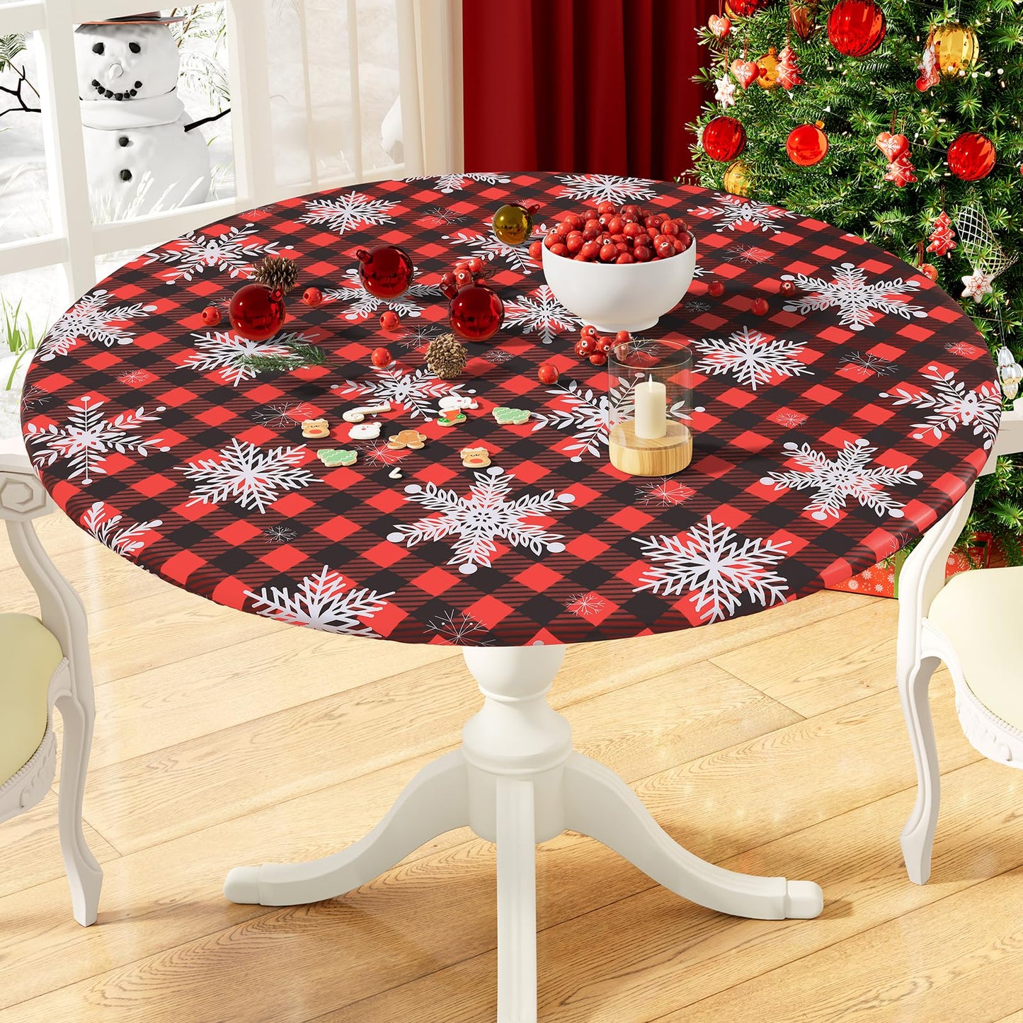 Round Fitted Tablecloth with Elastic Edge, 100% Waterproof Oil Proof Plastic Table Cover, Vinyl Flannel Backed Tablecloth Fits 36"-44" Round Tables for Dinner, Outdoor, Picnic, Oak Wooden Grain