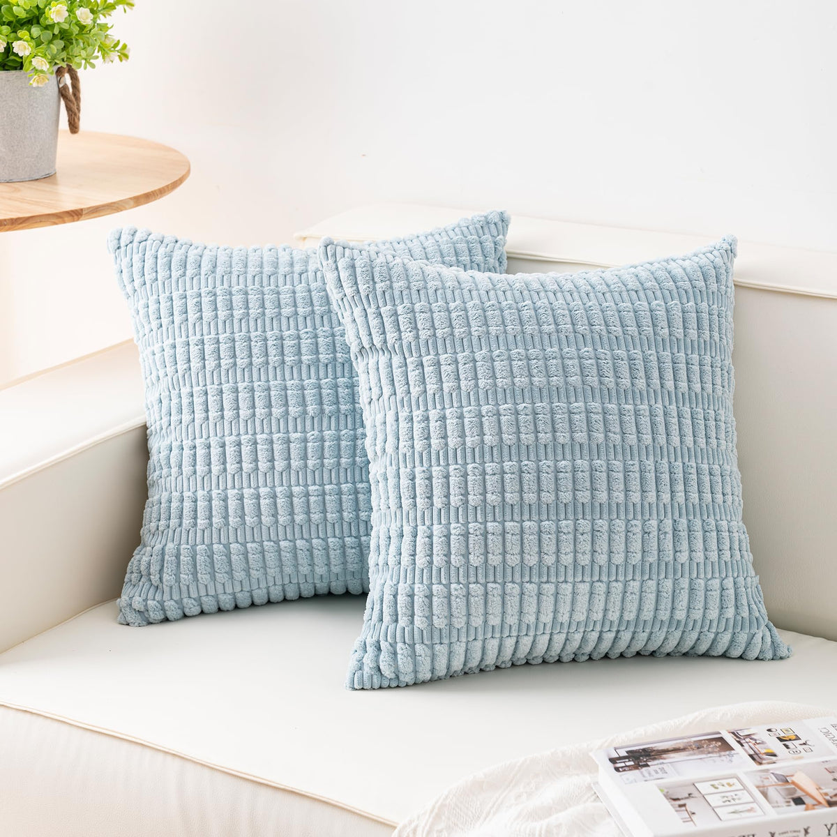 Pack of 2 Corduroy Decorative Throw Pillow Covers 18x18 Inch, Cream White | Fall Soft Striped Pillow Covers Modern Farmhouse Home Decor Christmas Throw Pillow Covers for Sofa Living Room Couch Bed ﻿