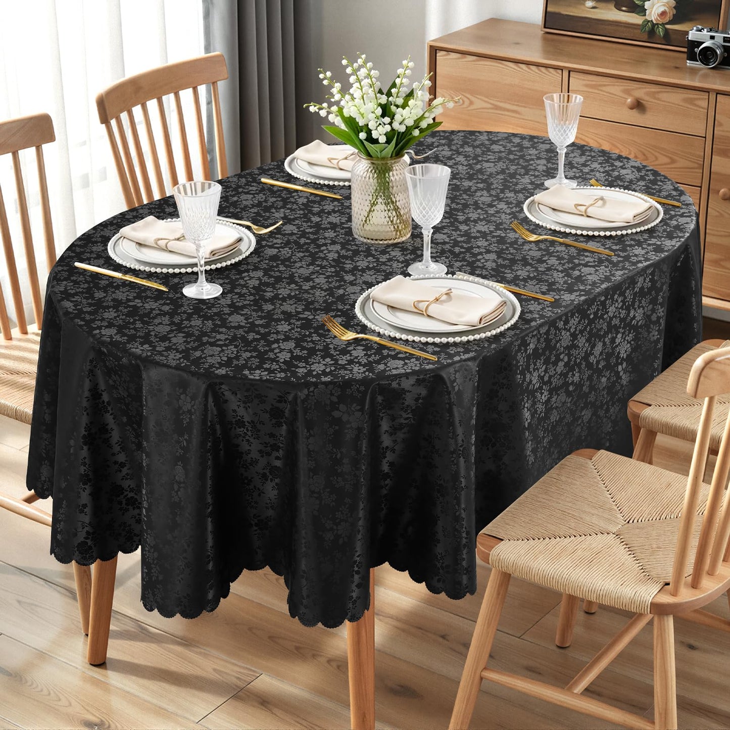 Smiry Rectangle Waterproof Heavy Duty Vinyl Tablecloths, 60 x 84 Inch | Wipeable Washable Floral Embossed Table Cover for Kitchen and Dining Room, Indoor & Outdoor Use, Beige