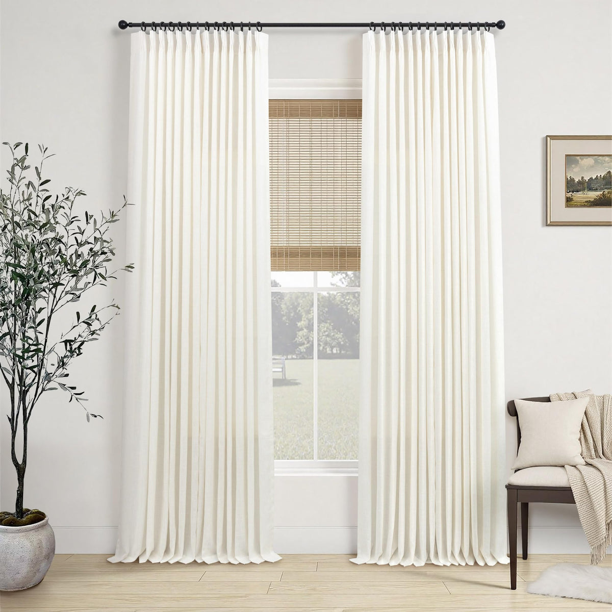 White Linen Pleated Curtains 84 Inches Long for Bedroom Back Tab Light Filtering Sheer Pinch Pleat Drapes Hook Ring Modern Farmhouse Coastal Cotton Textured Gauze Curtain Living Room 84 Length 2 Panel
