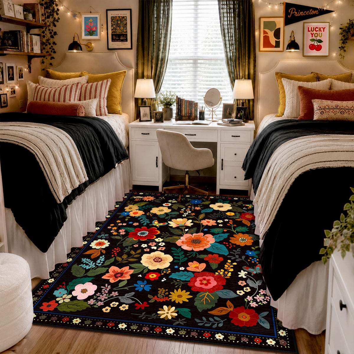 RELEANY Floral Washable 5x7 Area Rugs Beige/White/Orange | Flower Carpet, Print, Boho, Non-Slip, Easy to Clean, Soft, Low Pile for Living Room Bedroom Kitchen Office Entryway Hallway