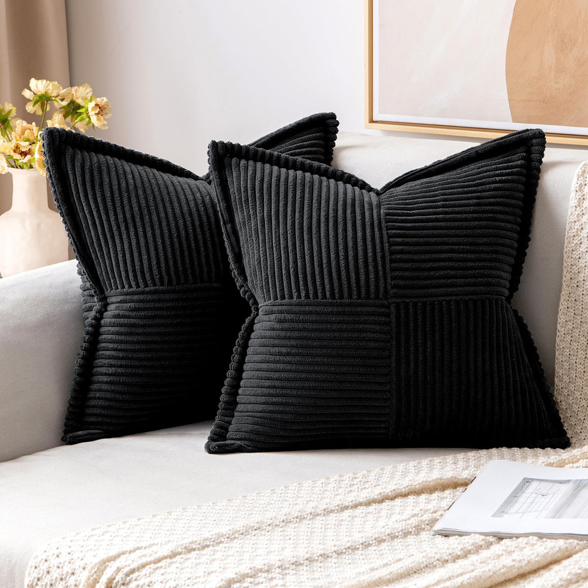 MIULEE Decorative Throw Pillow Covers for Couch 18x18 Inch Beige 2 Pack | Boho Broadside Striped Patchwork Pillow Covers, Soft Corduroy Cushion Cases, For Sofa Bed Livingroom Home Decor