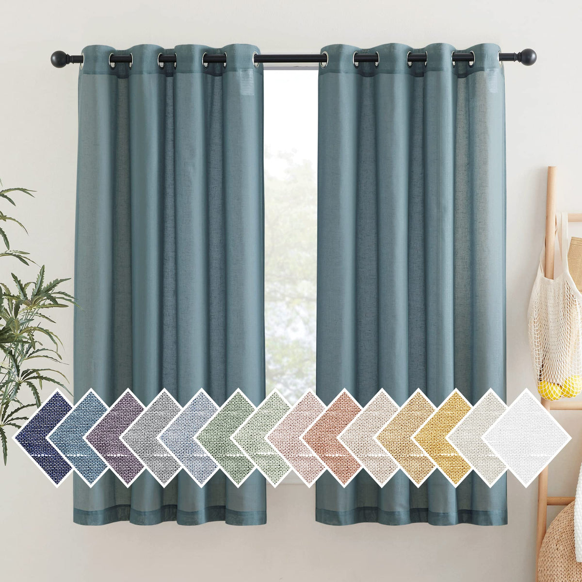 NICETOWN White Sheer Linen Curtains for Living Room 84 inch Length 2 Panels Set, Grommet Semi Sheer Privacy with Light Filtering Flax Window Treatments for Bedroom, W52 x L84