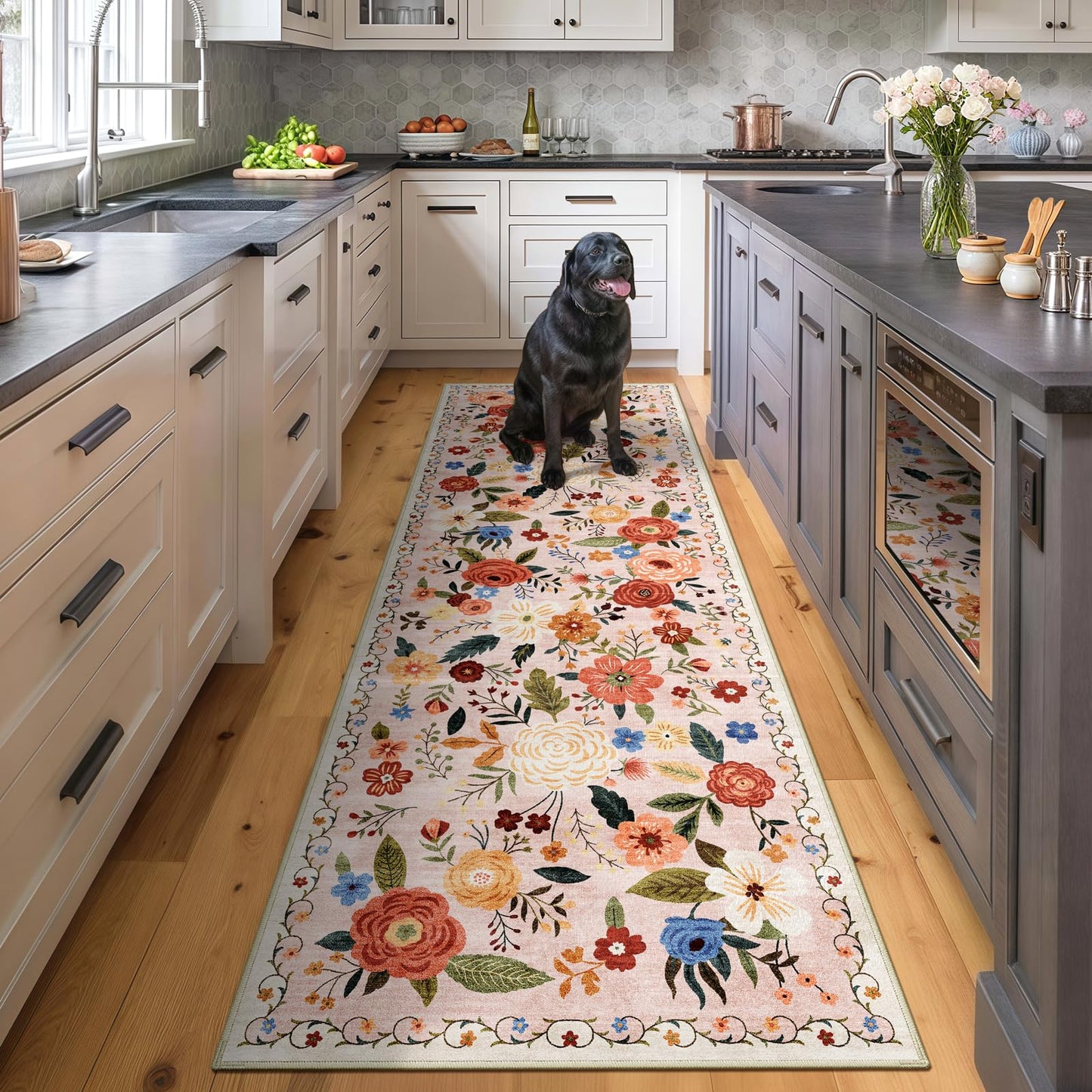 5x7 Washable Area Rug Green Boho Floral for Living Room Bedroom Nursery | Carpet for Dining Room, Soft Low-Pile Non-Slip Faux Wool, Farmhouse Indoor, Kid & Pet Friendly, Stain, Fade & Wear Resistant