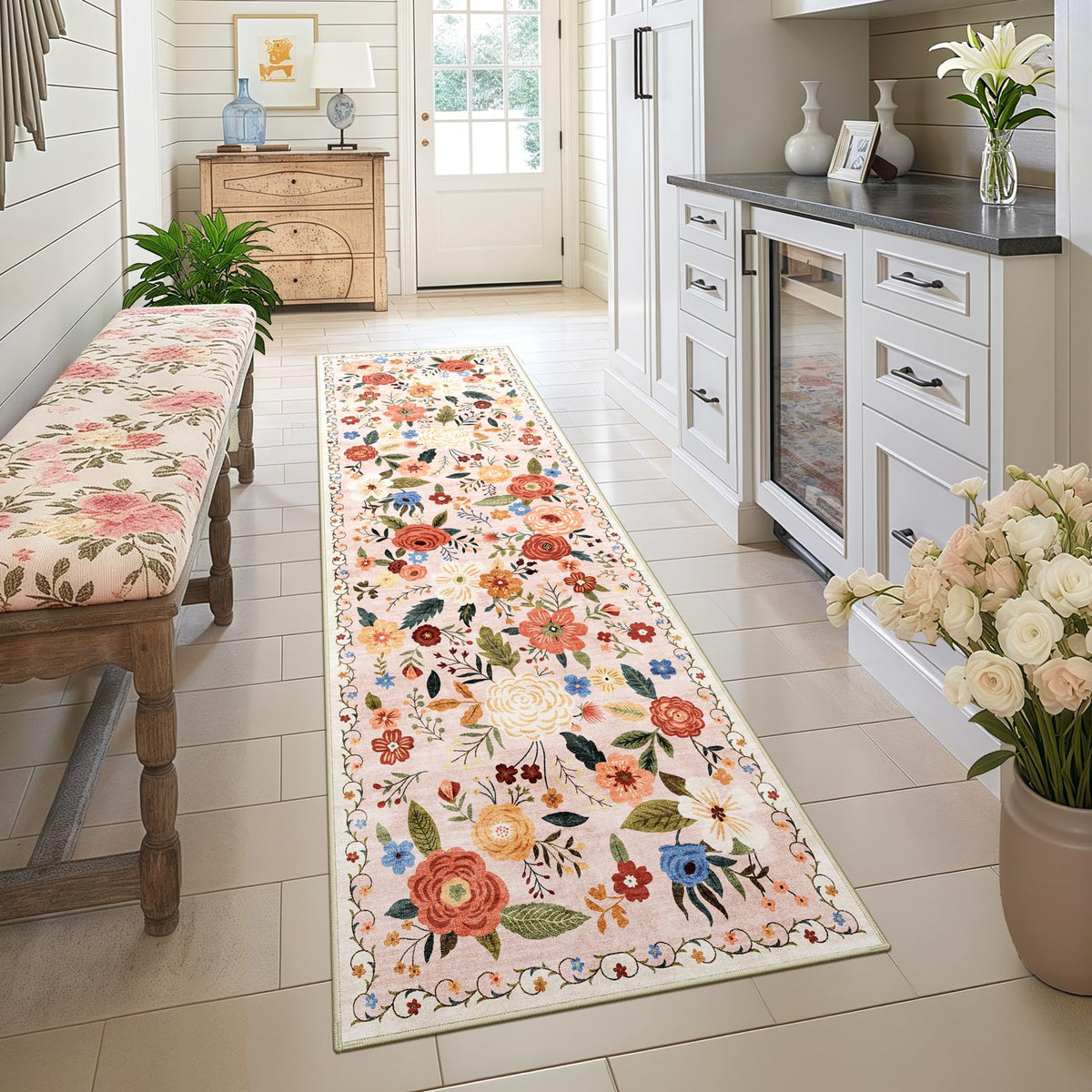 5x7 Washable Area Rug Green Boho Floral for Living Room Bedroom Nursery | Carpet for Dining Room, Soft Low-Pile Non-Slip Faux Wool, Farmhouse Indoor, Kid & Pet Friendly, Stain, Fade & Wear Resistant