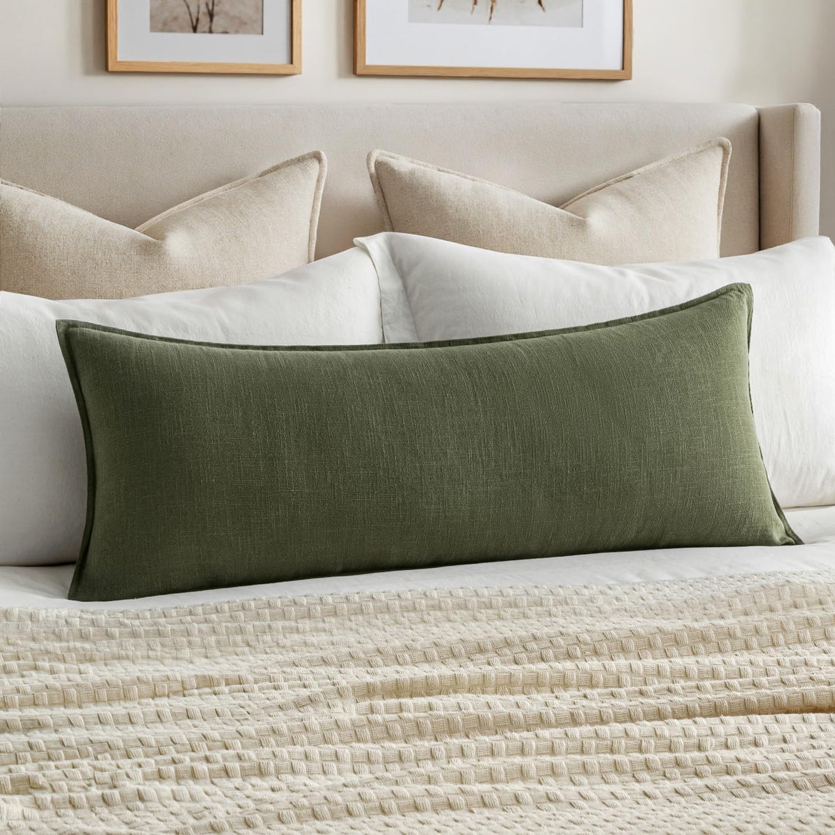 MIULEE Decorative Linen Lumbar Pillow Cover 14x36 Inch Natural Beige | Boho Farmhouse Neutral Couch Long Throw Pillow for Bed, Pack of 1 Accent Modern Pillowcase, Sofa Livingroom Home Decor