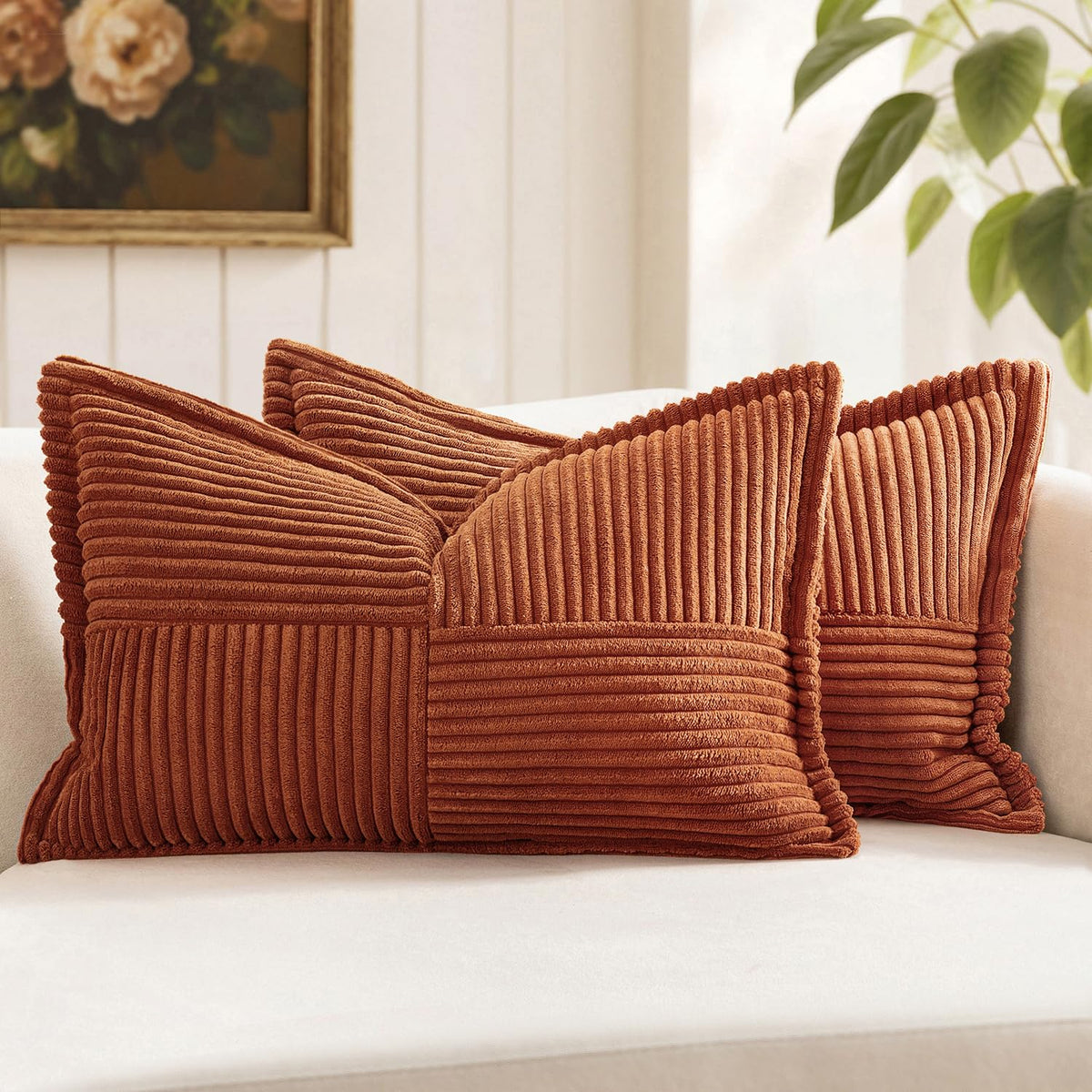 MIULEE Decorative Throw Pillow Covers for Couch 18x18 Inch Beige 2 Pack | Boho Broadside Striped Patchwork Pillow Covers, Soft Corduroy Cushion Cases, For Sofa Bed Livingroom Home Decor