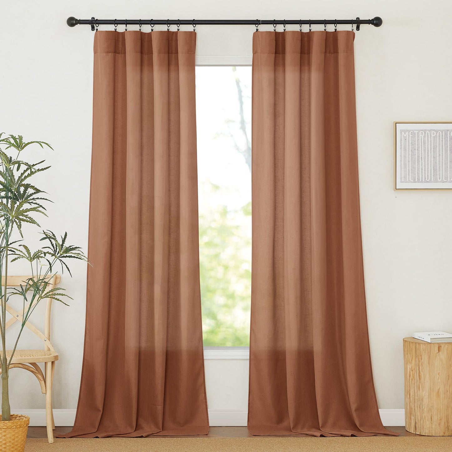 RYB HOME White Semi Sheer Curtains 84 inches Long for Living Room | Half Privacy, Linen Textured, Sheer Light Filtering, Vertical Window Drapes, for Bedroom Dining, White, W52 x L84, 2 Panels