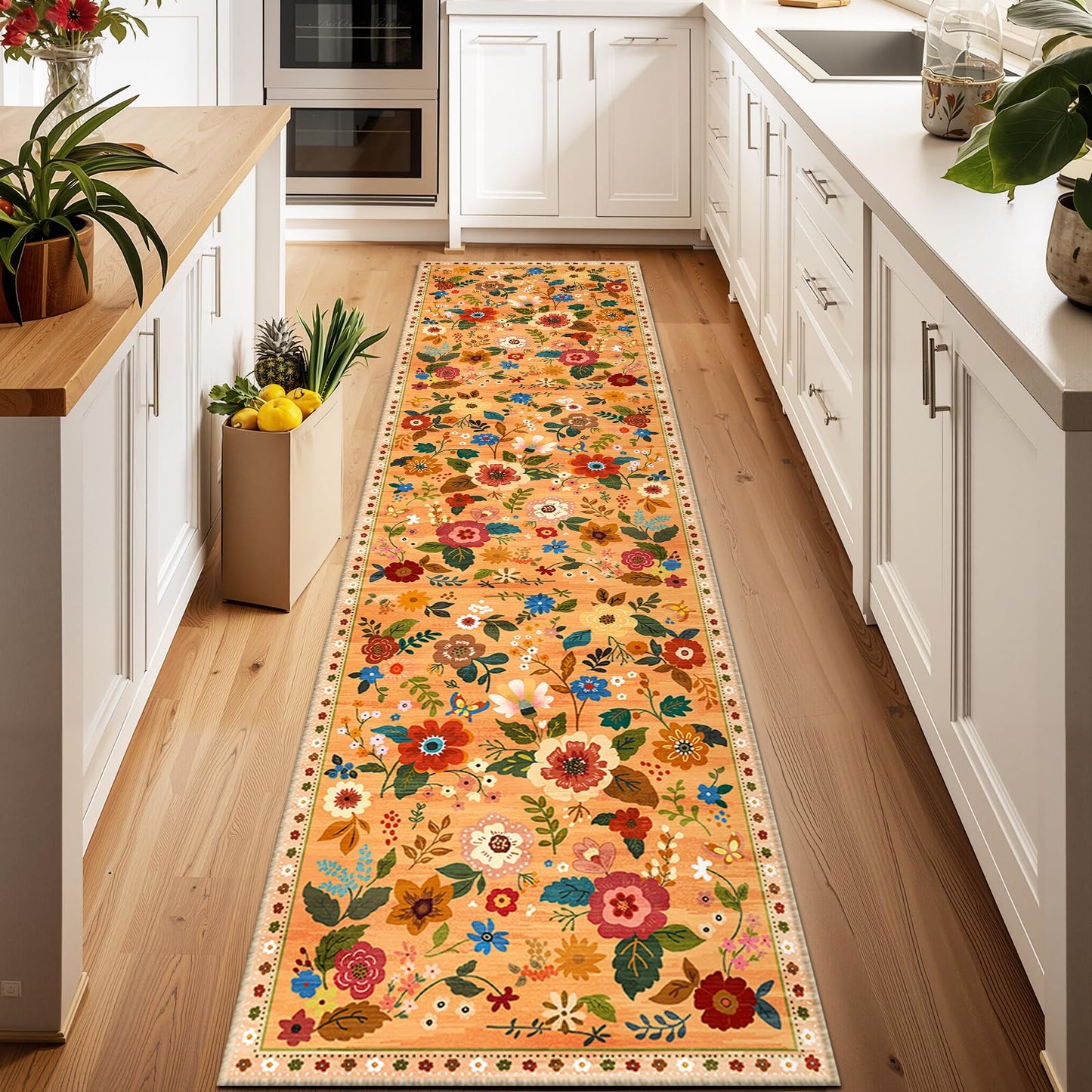 RELEANY Floral Washable 5x7 Area Rugs Black | Flower Carpet, Print, Boho, Non-Slip, Easy to Clean, Soft, Low Pile for Living Room Bedroom Kitchen Office Entryway Hallway