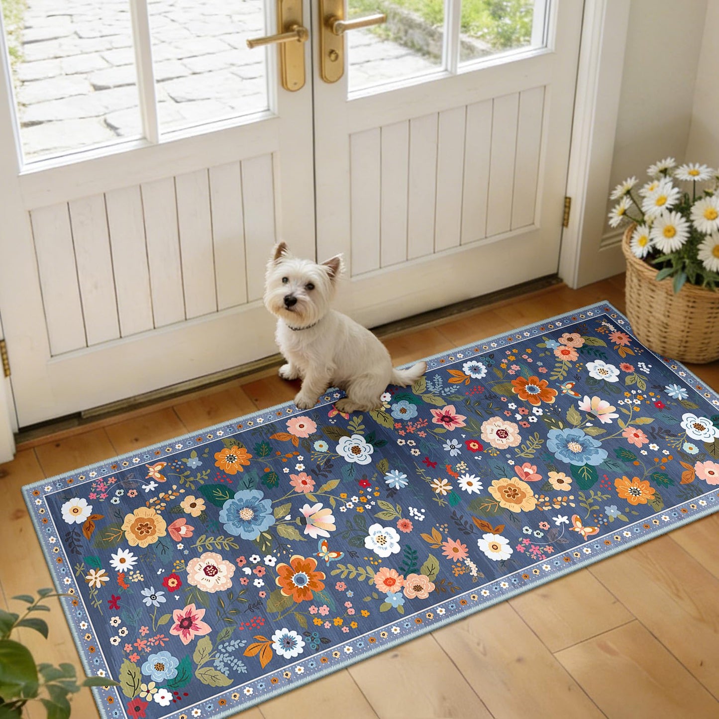 RELEANY Floral Washable 5x7 Area Rugs Black | Flower Carpet, Print, Boho, Non-Slip, Easy to Clean, Soft, Low Pile for Living Room Bedroom Kitchen Office Entryway Hallway