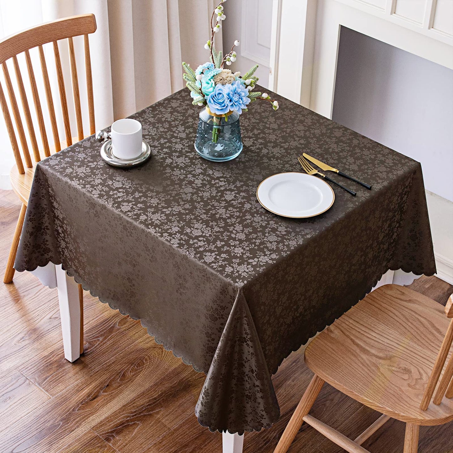 Smiry Rectangle Waterproof Heavy Duty Vinyl Tablecloths, 60 x 84 Inch | Wipeable Washable Floral Embossed Table Cover for Kitchen and Dining Room, Indoor & Outdoor Use, Beige