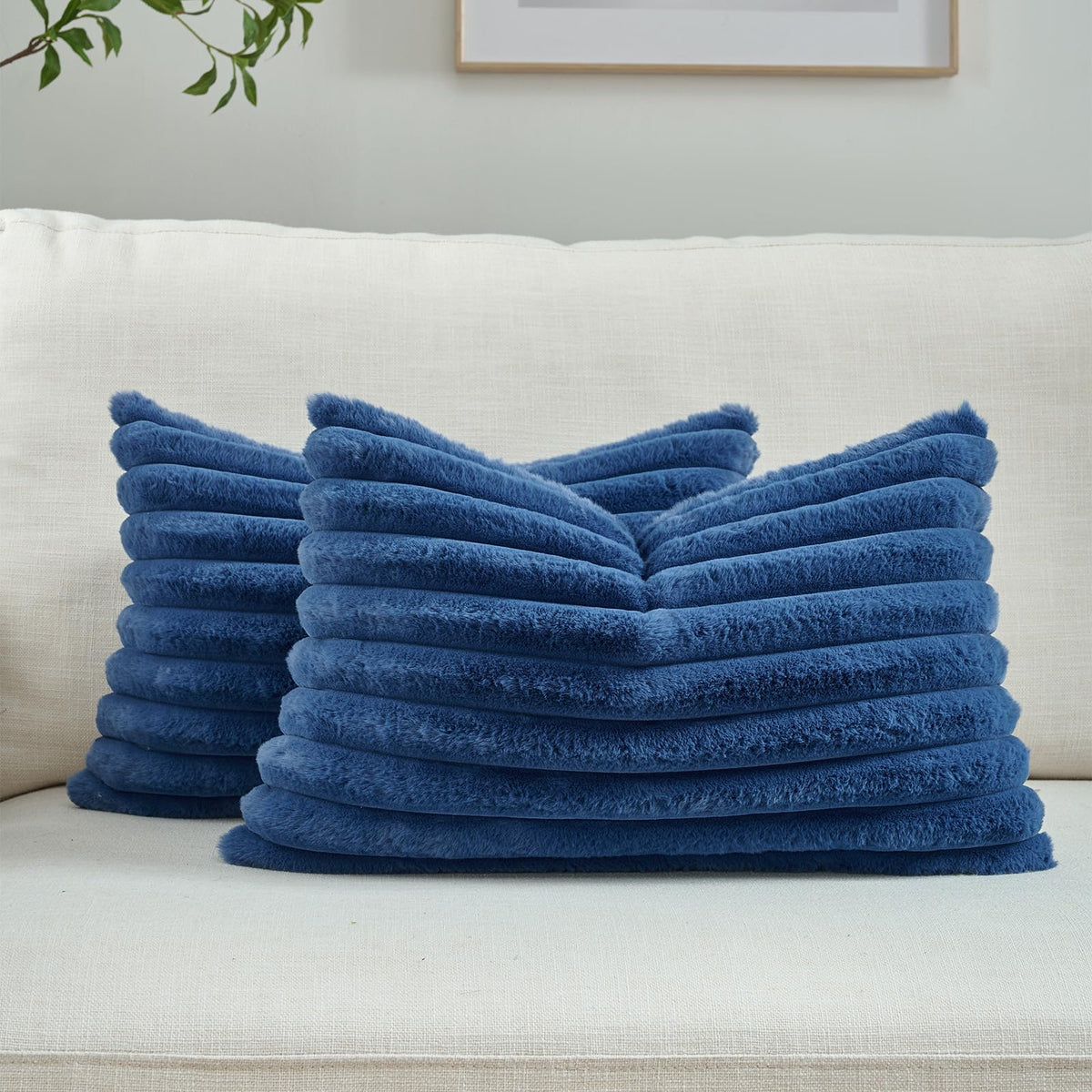 FUTEI Pack of 2 Faux Fur Throw Pillow Covers 18x18 Inch, Cream White | Fluffy Faux Rabbit Fur Front/Premium Velvet Back,Hidden Zipper,Machine Washable,Non-Shedding,Colorfast,Insert Not Included.