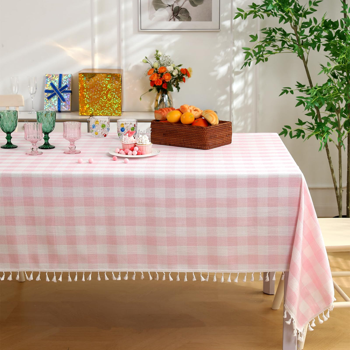 Midsummer Breeze Country Garden Green Gingham Tablecloth Rectangle 55”x84” | tassel, spring, easter, summer, picnic, outdoor, checkered, fresh, camping, Christmas, washable, wrinkle free, reusable