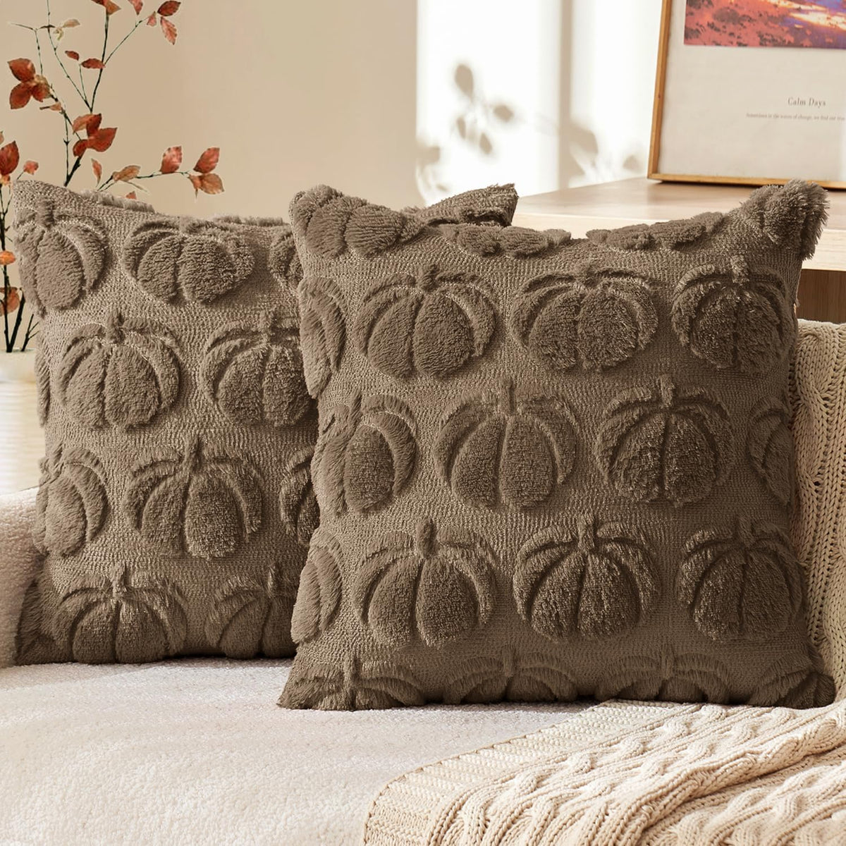 MIULEE Fall Pillow Covers Pumpkin Fall Decor 18x18 Dark Rust | Set of 2 Fall Decorations for Home, Plush Faux Fur Farmhouse Accent Pillowcases, Porch Sofa Couch Cushion Bed Livingroom