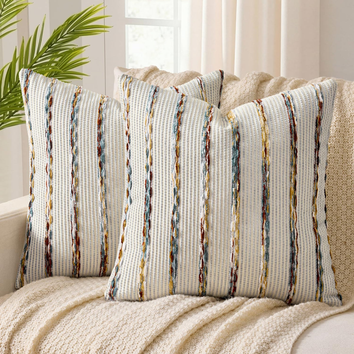 ANRODUO Boho Decorative Pillow Covers Olive Green Stripe 18x18 Pack of 2 | Throw Pillow Covers, Farmhouse Cushion Case, Chenille Pillow Cases, Pillow Covers, Accent Neutral Pillowcase for Couch Bed