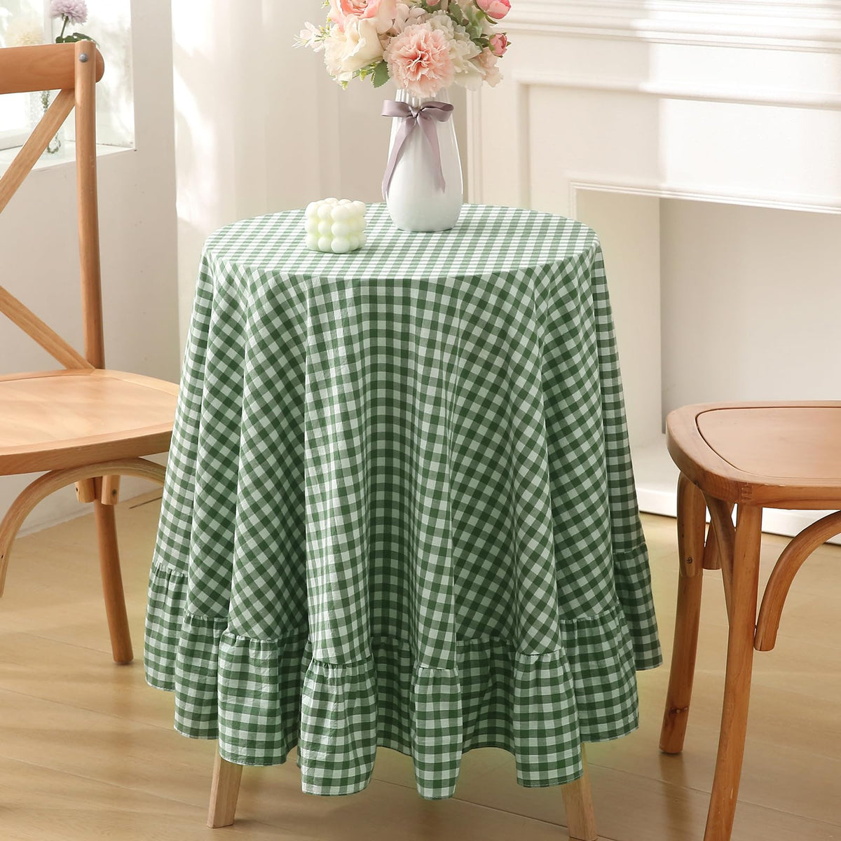 Blush White Gingham Ruffled Table Cloth Rectangular 120“x60” | 100% Washed Cotton, for Seat 8-10, Buffet Picnic Baby Shower Party Tablecloth, Decorative Checker Plaid Farmhouse Table Cover