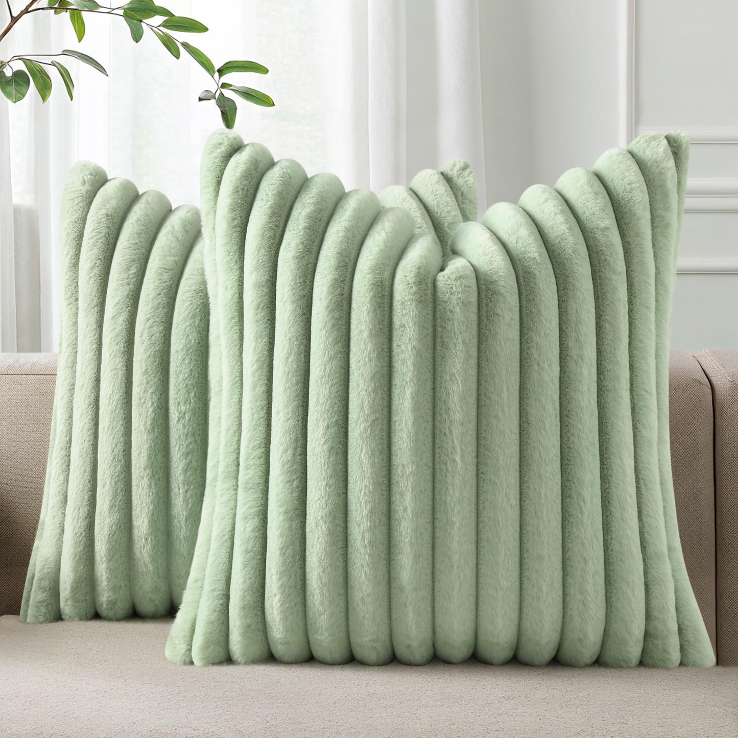 Pallene Faux Fur Decorative Throw Pillow Covers 18x18 Set of 2, Cream White | Luxury Plush Texture, Striped Design, Cozy Soft Touch, Modern Home Accent Decor for Couch, Sofa, Bed, Living Room