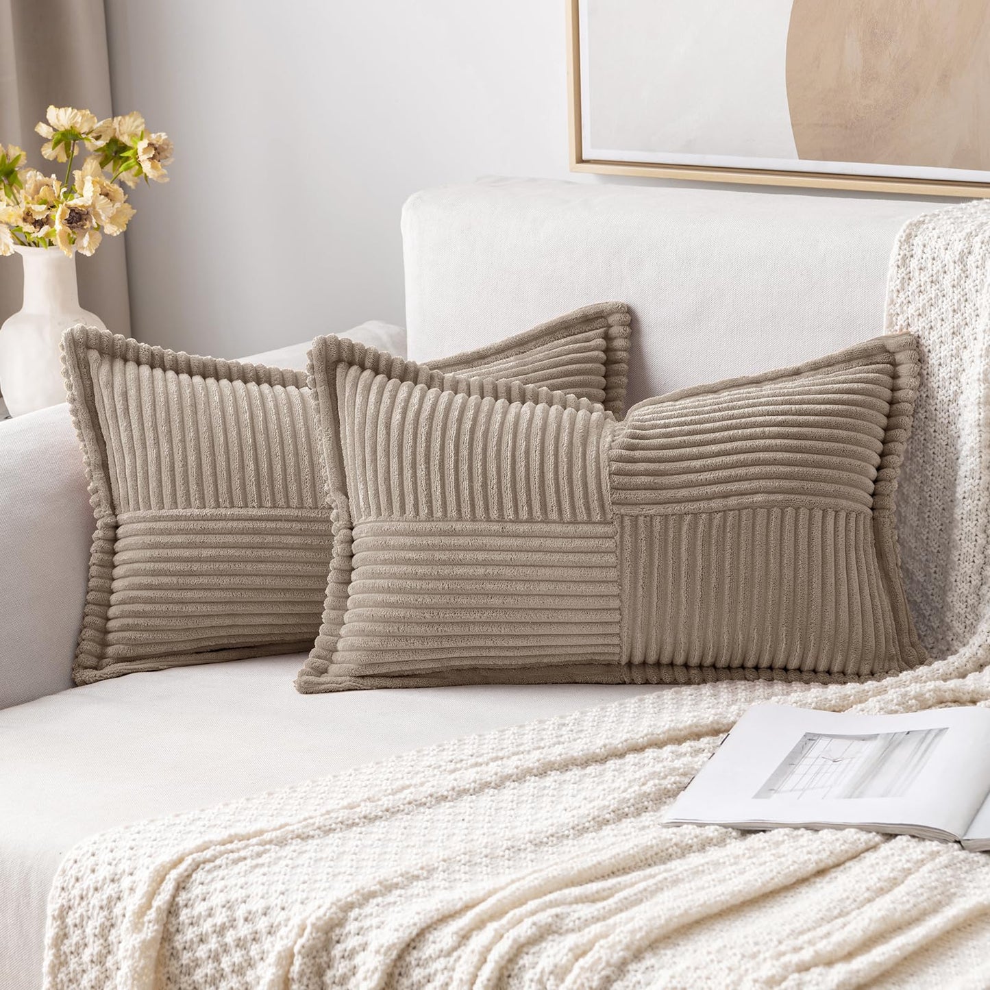 MIULEE Decorative Throw Pillow Covers for Couch 18x18 Inch Beige 2 Pack | Boho Broadside Striped Patchwork Pillow Covers, Soft Corduroy Cushion Cases, For Sofa Bed Livingroom Home Decor
