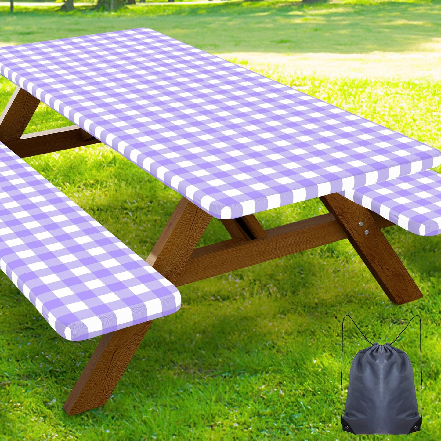 Smiry 6FT Picnic Table Cover with Bench Covers, Elastic Fitted Tablecloth | Waterproof Washable Rectangle Tablecloths ,Buffalo Plaid Tablecloth for Dining, Camping, Outdoor (Black & White, 30" x 72")