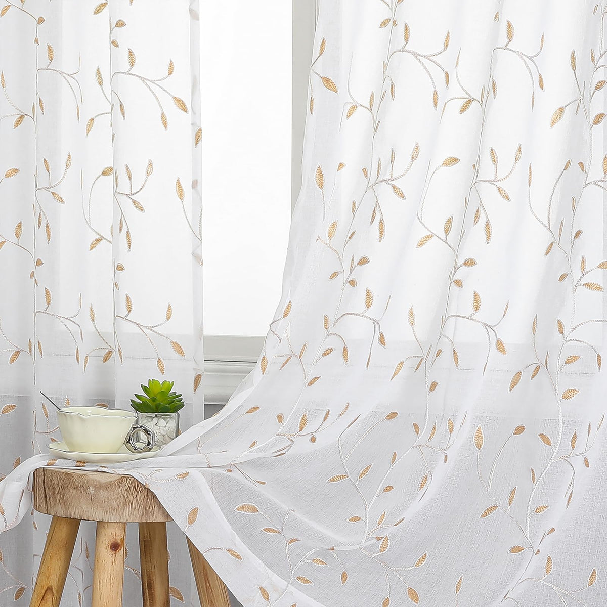 Sheer Curtains Boho Leaf Floral Embroidered Cream Beige 54Wx84L | Light Filtering Semi Sheer Voile Curtains With Design, Rod Pocket Window Drapes for Bedroom Living Room 2 Panels