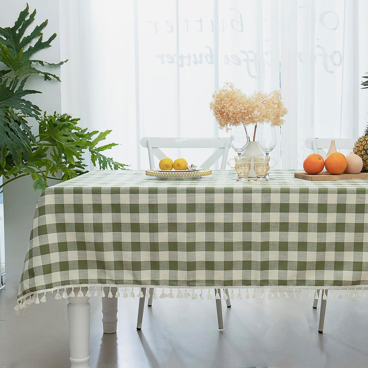 Midsummer Breeze Country Garden Green Gingham Tablecloth Rectangle 55”x84” | tassel, spring, easter, summer, picnic, outdoor, checkered, fresh, camping, Christmas, washable, wrinkle free, reusable