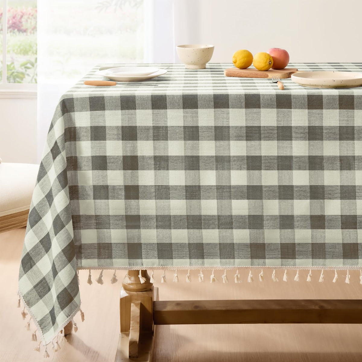 Softalker Outdoor Checkered Tablecloth, Linen Cotton Gingham Table Cloths for 6 Foot Rectangle Tables with Tassel, Heavy Duty Wrinkle Free Plaid Table Cover for Picnic Camping - 55 x 84 Inch, Sage
