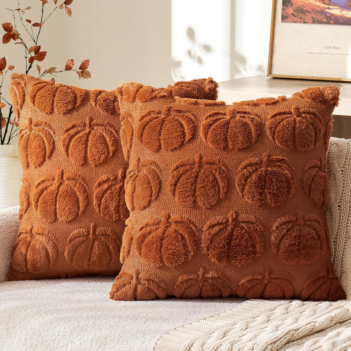MIULEE Fall Pillow Covers Pumpkin Fall Decor 18x18 Dark Rust | Set of 2 Fall Decorations for Home, Plush Faux Fur Farmhouse Accent Pillowcases, Porch Sofa Couch Cushion Bed Livingroom