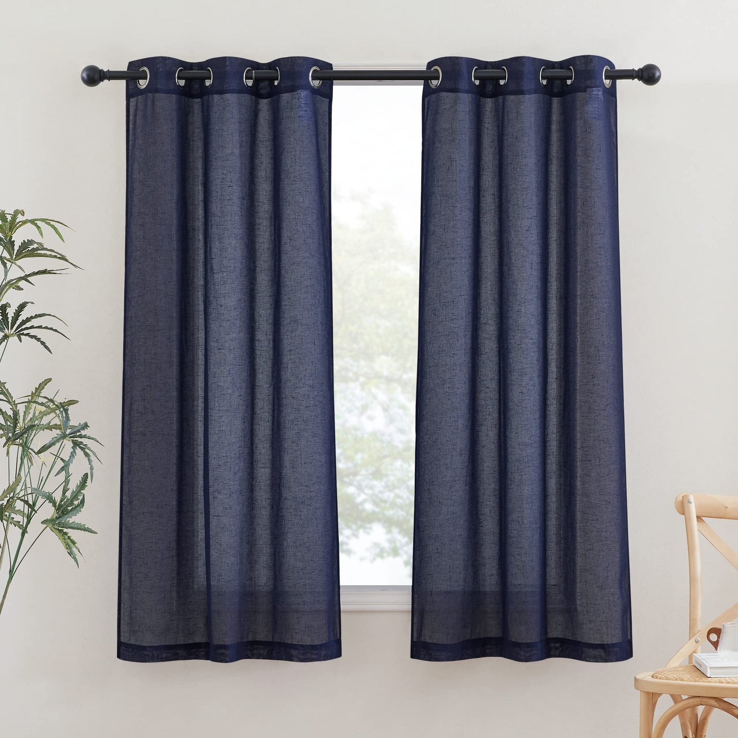 NICETOWN White Sheer Linen Curtains for Living Room 84 inch Length 2 Panels Set, Grommet Semi Sheer Privacy with Light Filtering Flax Window Treatments for Bedroom, W52 x L84