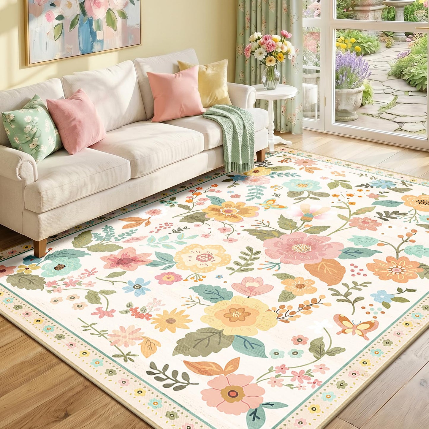 RELEANY Floral Washable 5x7 Area Rugs Beige/White/Orange | Flower Carpet, Print, Boho, Non-Slip, Easy to Clean, Soft, Low Pile for Living Room Bedroom Kitchen Office Entryway Hallway
