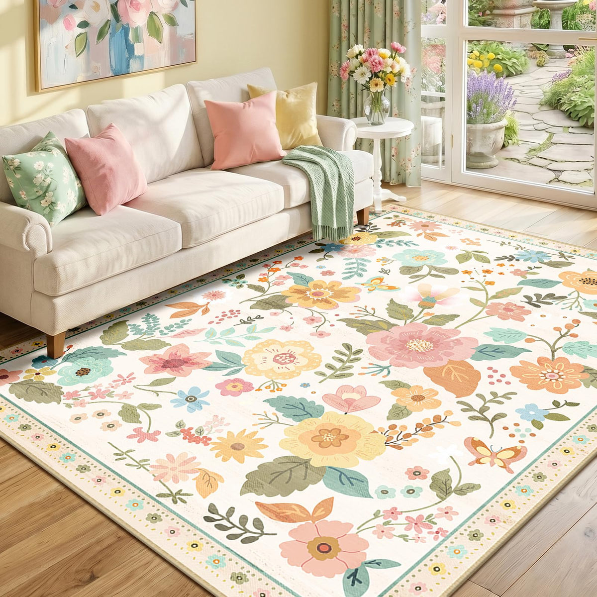 RELEANY Floral Washable 5x7 Area Rugs Black | Flower Carpet, Print, Boho, Non-Slip, Easy to Clean, Soft, Low Pile for Living Room Bedroom Kitchen Office Entryway Hallway