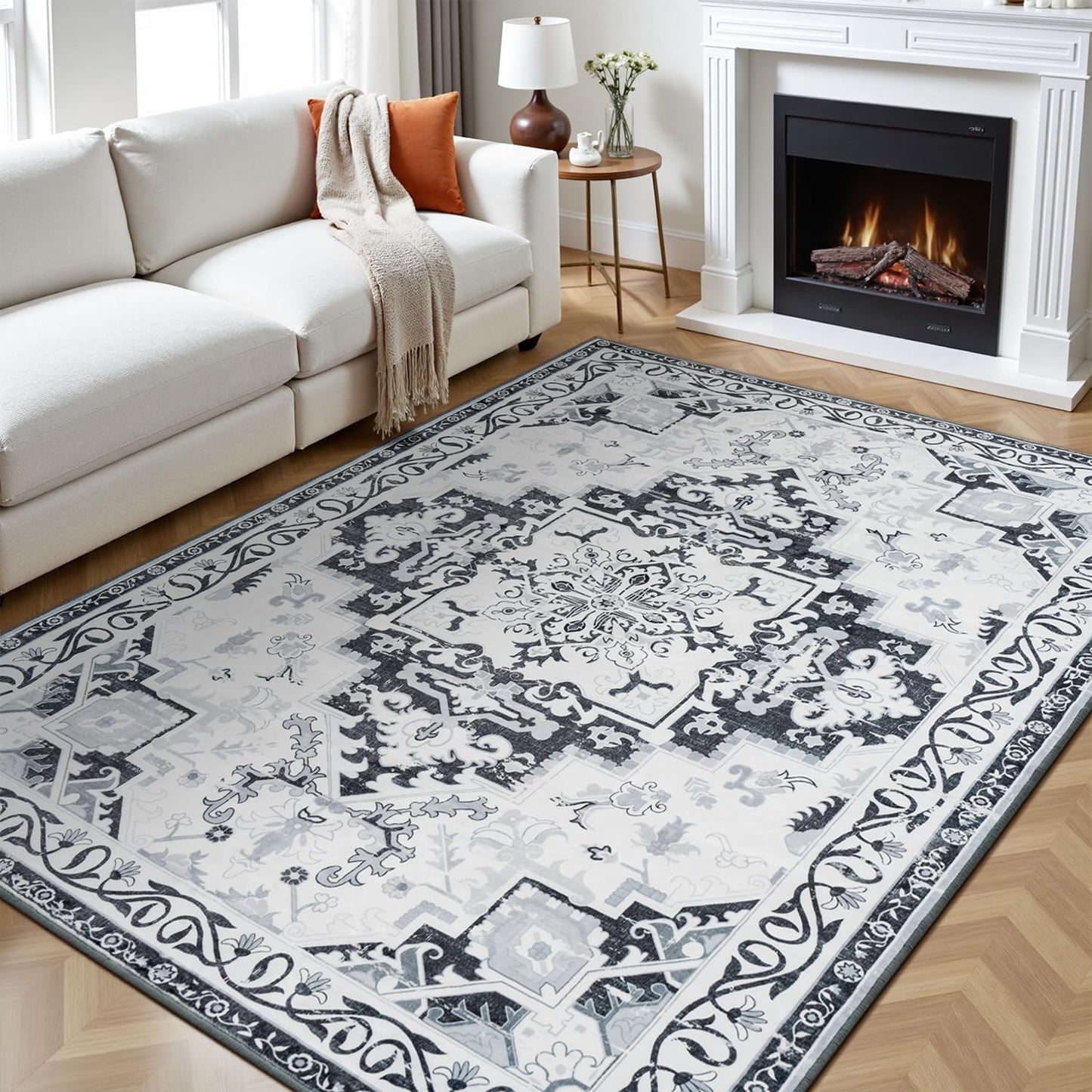 Rugflix 8x10 Area Rugs for Living Room, Washable Large Rug Stain-Resistant Low Pile, Modern Dark Carpet for Dining Room Home Office Kid Room Nursery Bedroom, Navy Blue/Black