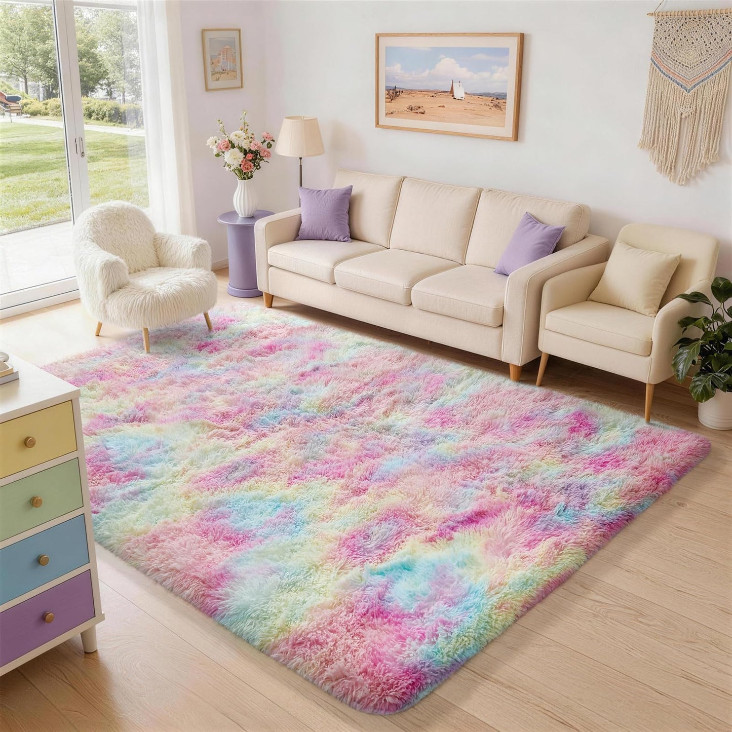 Ophanie 8x10 Area Rugs for Living Room, Washable Non-Slip Fluffy Soft Large Shag Bedroom Carpet, Ivory Big Indoor Nursery Rug, Carpets for Boy and Girls Room Dorm Decor with Over 99 pcs Pile fibers