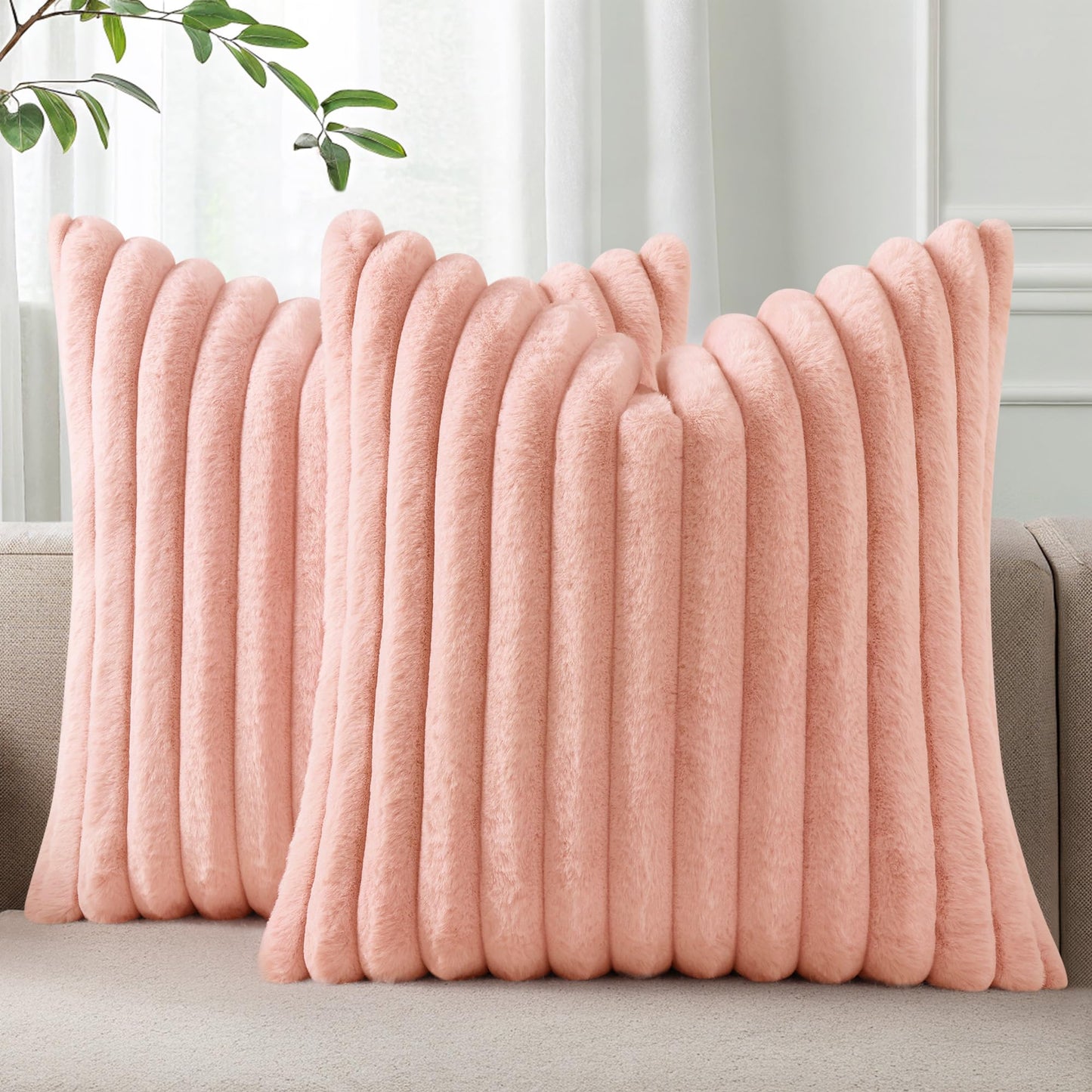 Pallene Faux Fur Decorative Throw Pillow Covers 18x18 Set of 2, Cream White | Luxury Plush Texture, Striped Design, Cozy Soft Touch, Modern Home Accent Decor for Couch, Sofa, Bed, Living Room