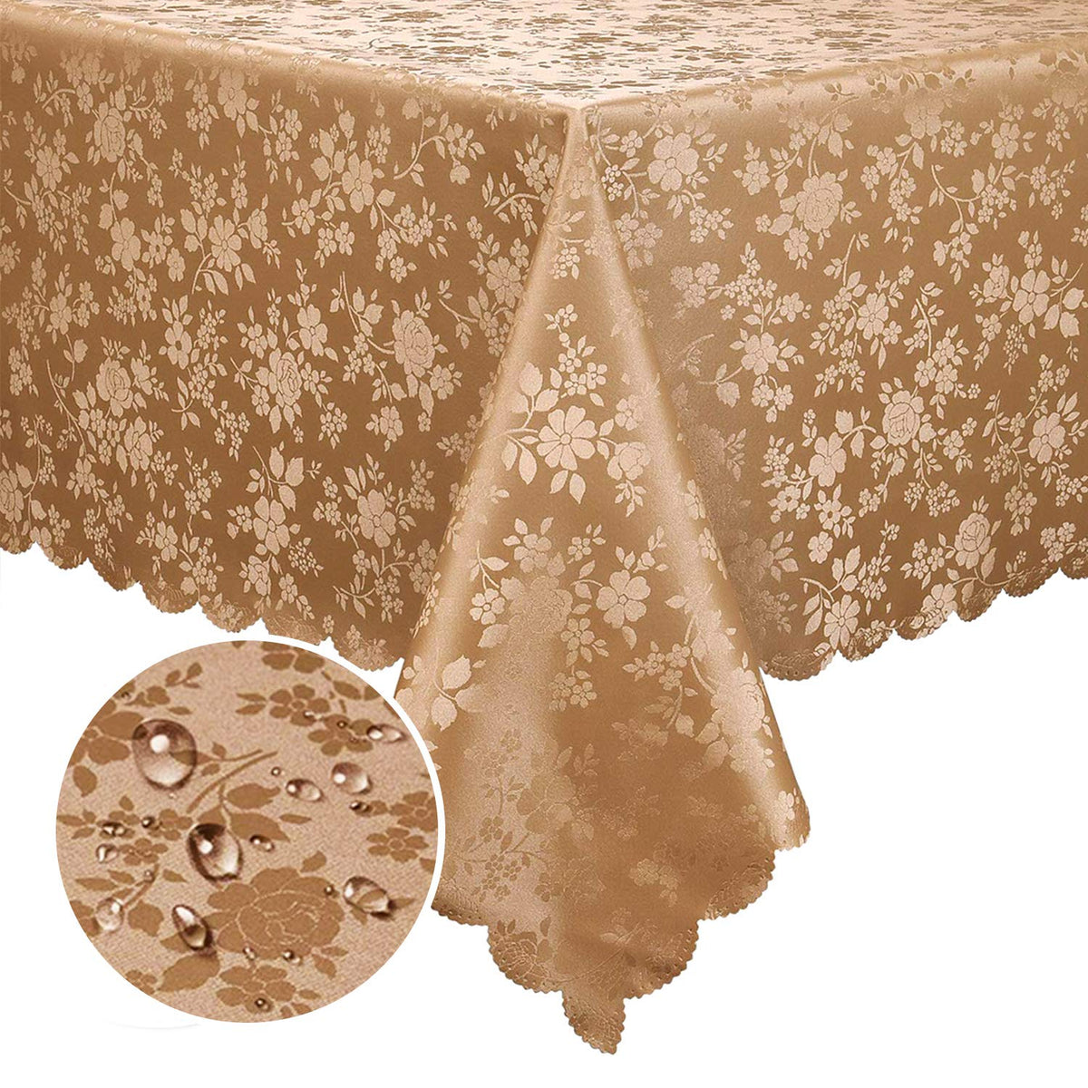 Smiry Rectangle Waterproof Heavy Duty Vinyl Tablecloths, 60 x 84 Inch | Wipeable Washable Floral Embossed Table Cover for Kitchen and Dining Room, Indoor & Outdoor Use, Beige