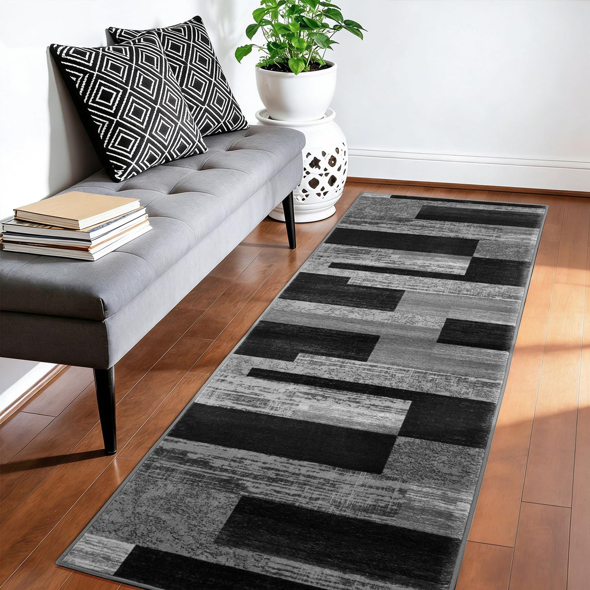 LIANLAM 8x10 Washable Area Rugs for Living Room & Bedroom(8x10,Black&Gray) | Non-Slip Large Carpet,Vintage Checkered Pattern, Stain Resistant Faux Wool Low Pile Soft Rug for Dining Room,Office,Nursery