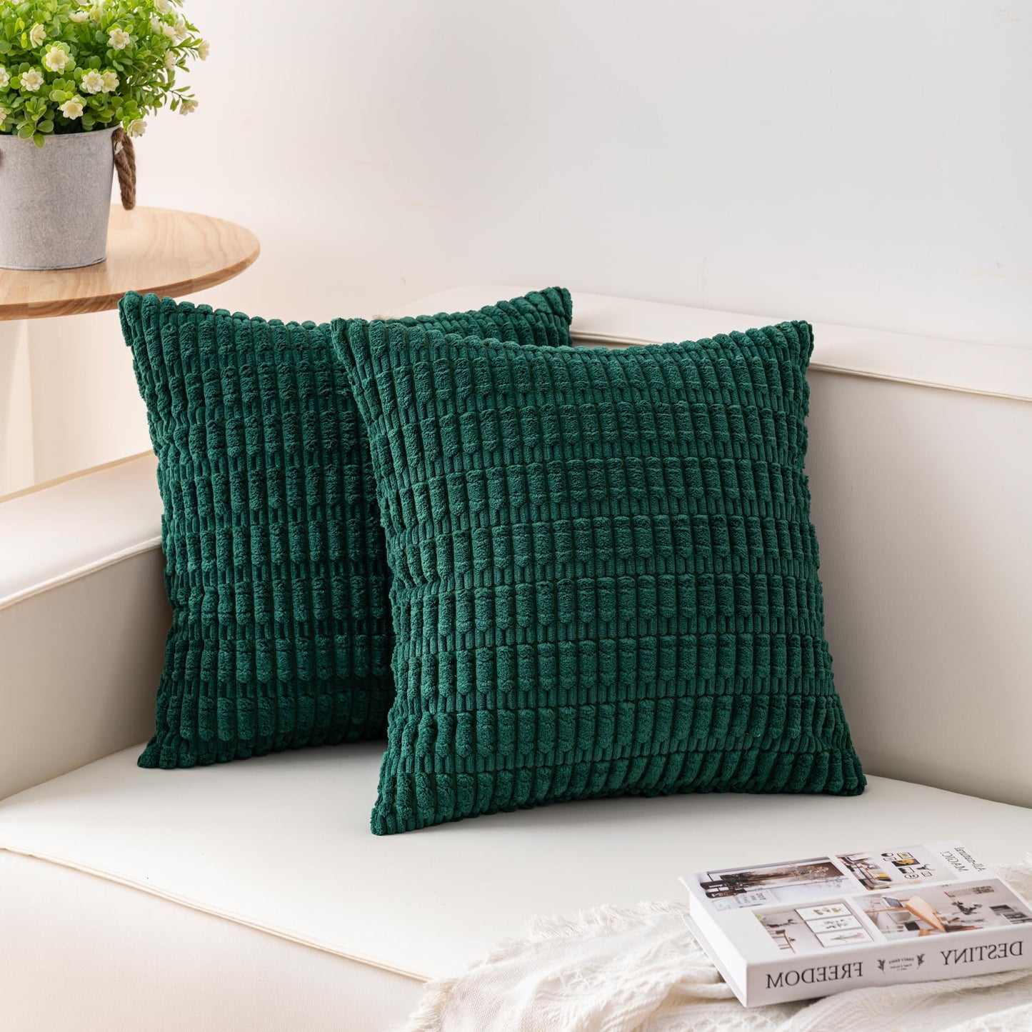 Pack of 2 Corduroy Decorative Throw Pillow Covers 18x18 Inch, Cream White | Fall Soft Striped Pillow Covers Modern Farmhouse Home Decor Christmas Throw Pillow Covers for Sofa Living Room Couch Bed ﻿