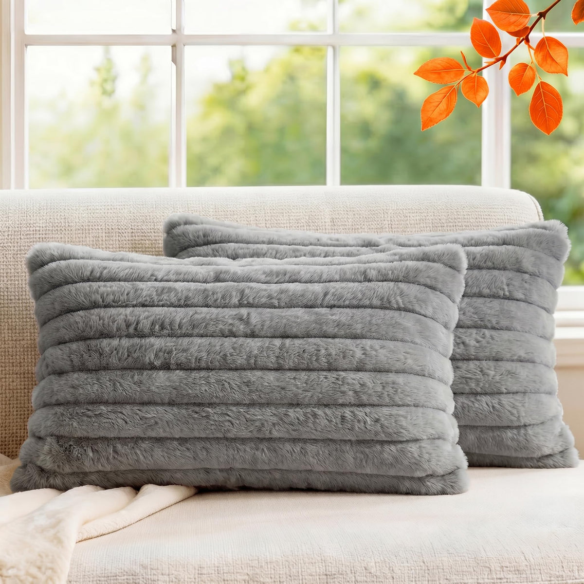 Pack of 2 Throw Pillow Covers 18x18 Decorative Solid Plush Faux Fur with Soft Velvet Back, Square Striped Cushion Cases Modern Farmhouse Home Decor for Living Room Couch Sofa Bed Cream White