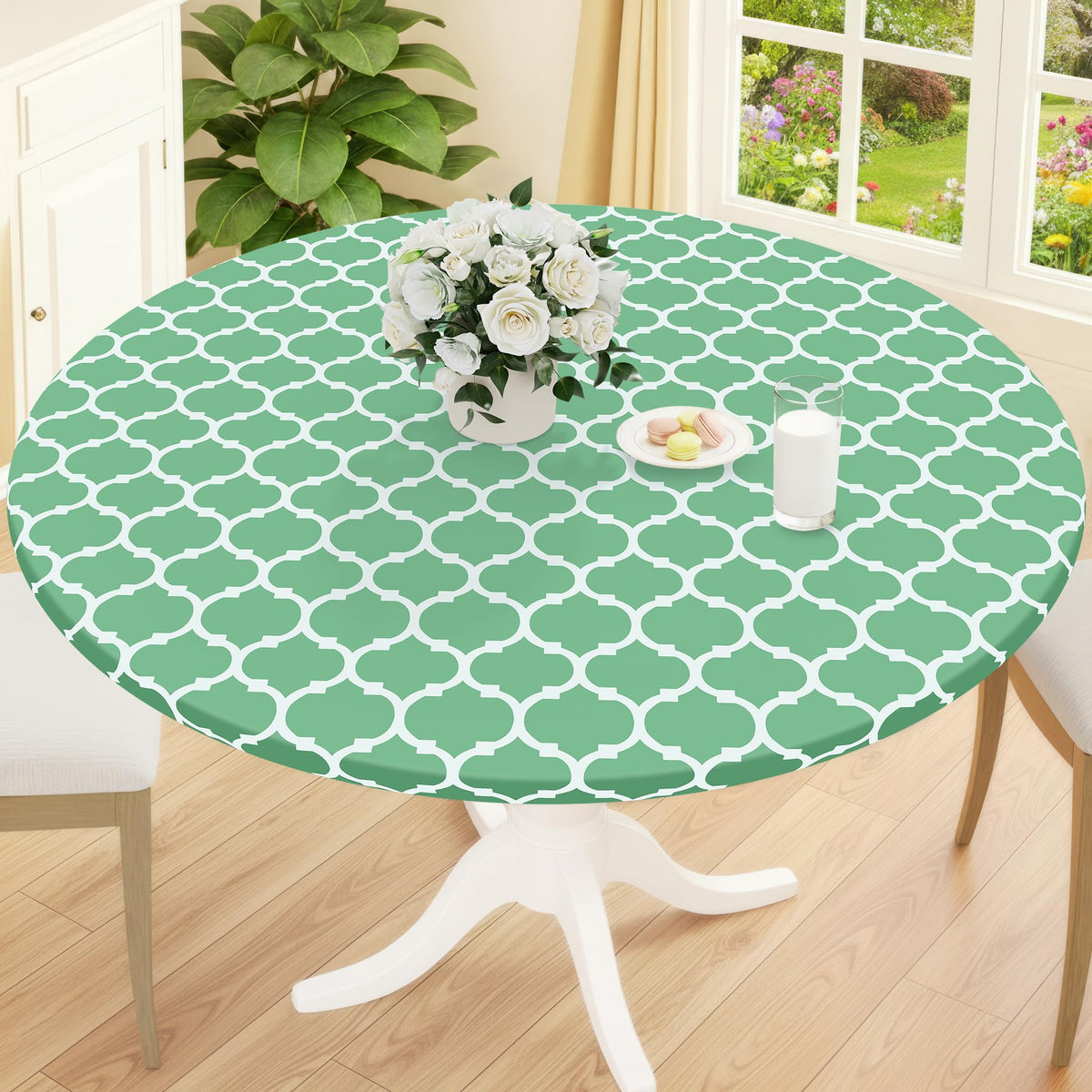 Smiry Round Picnic Tablecloth, Waterproof Elastic Fitted Table Covers for 45" - 56" Tables, Wipeable Flannel Backed Vinyl Tablecloths for Camping, Indoor, Outdoor, Grey & White