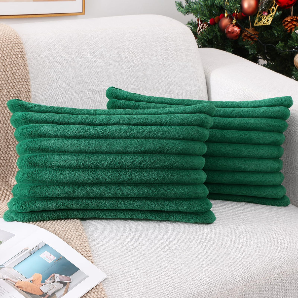 Pallene Faux Fur Decorative Throw Pillow Covers 18x18 Set of 2, Cream White | Luxury Plush Texture, Striped Design, Cozy Soft Touch, Modern Home Accent Decor for Couch, Sofa, Bed, Living Room