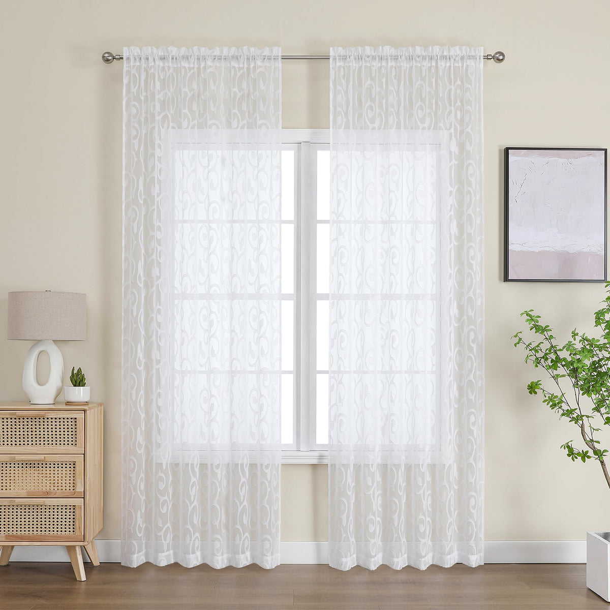 Furman Ivory Sheer Curtains 84 inches Long for Bedroom Living Room 2 Panels Set, Jacquard Clip Light Filtering Semi Sheer Curtain Rod Pocket Window Drapes, 2 Pcs Each 40 W 84 L