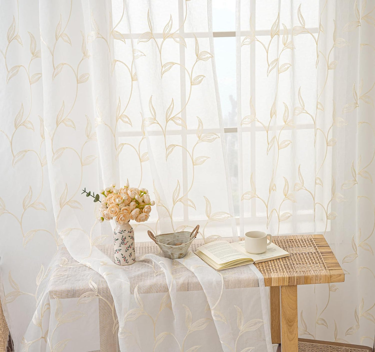 Sheer Curtains Boho Leaf Floral Embroidered Cream Beige 54Wx84L | Light Filtering Semi Sheer Voile Curtains With Design, Rod Pocket Window Drapes for Bedroom Living Room 2 Panels