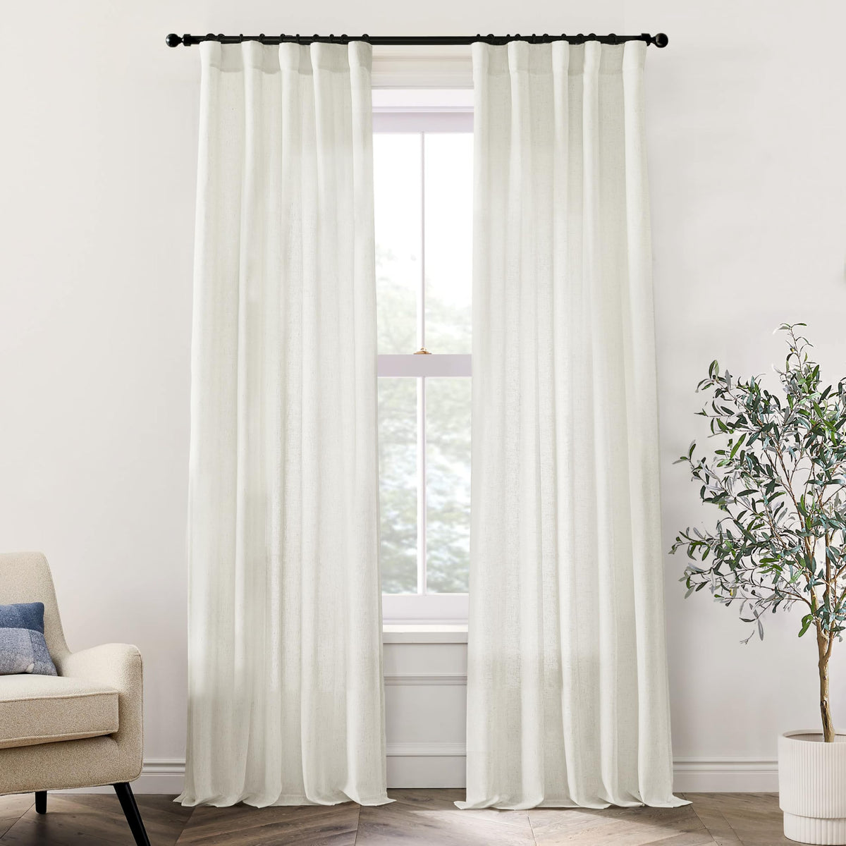 Linen Cotton Curtains for Living Room, Cream Off White Natural Fabric Light Filtering Semi Sheer Curtains 84 Inches Long, Ivory Pleated Farmhouse Curtain Drapes 84 Inch Length 2 Panels Set Dining Room
