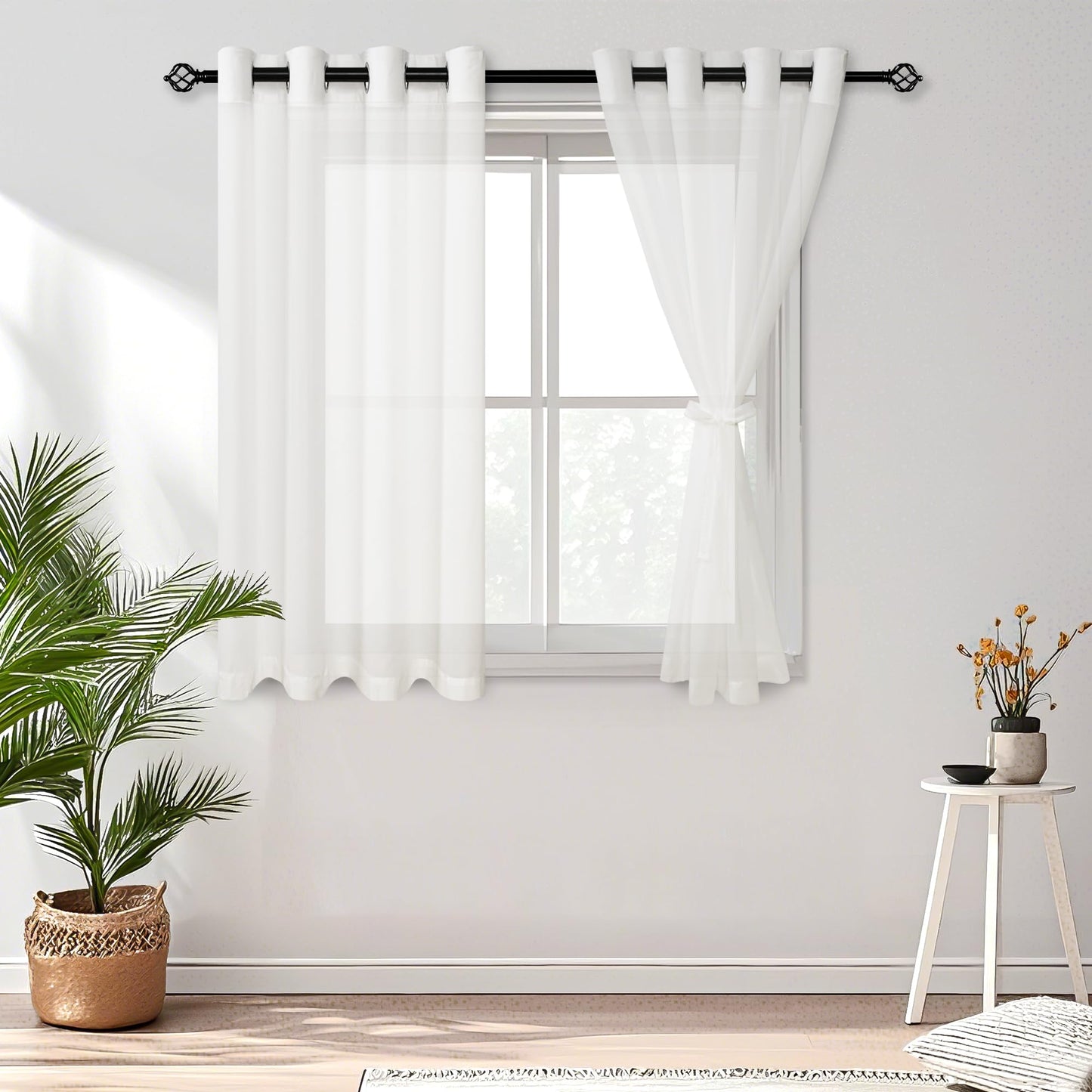 DWCN White Sheer Curtains Linen Look Semi Transparent Voile Grommet White Curtains for Living Dining Room Drapes 52 x 84 Inch Long, Set of 2 Panels
