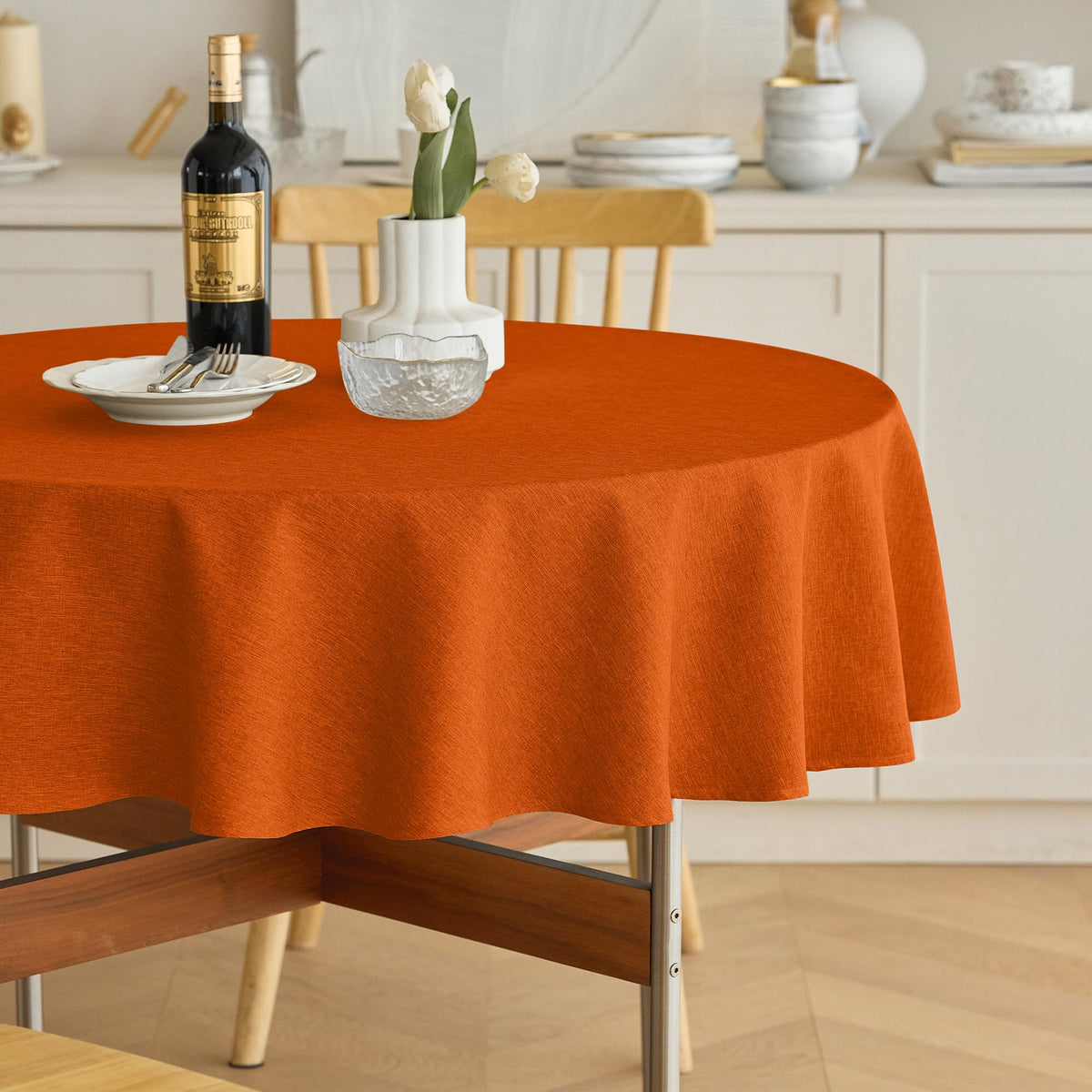 Decorelia Faux Linen Round Tablecloths 60 inch, Waterproof Decorative Washable Texture Rustic Circle Table Cloth Cover for Dining Kitchen Party Farmhouse Outdoor(Round (2-4 Seats),Sage Green)