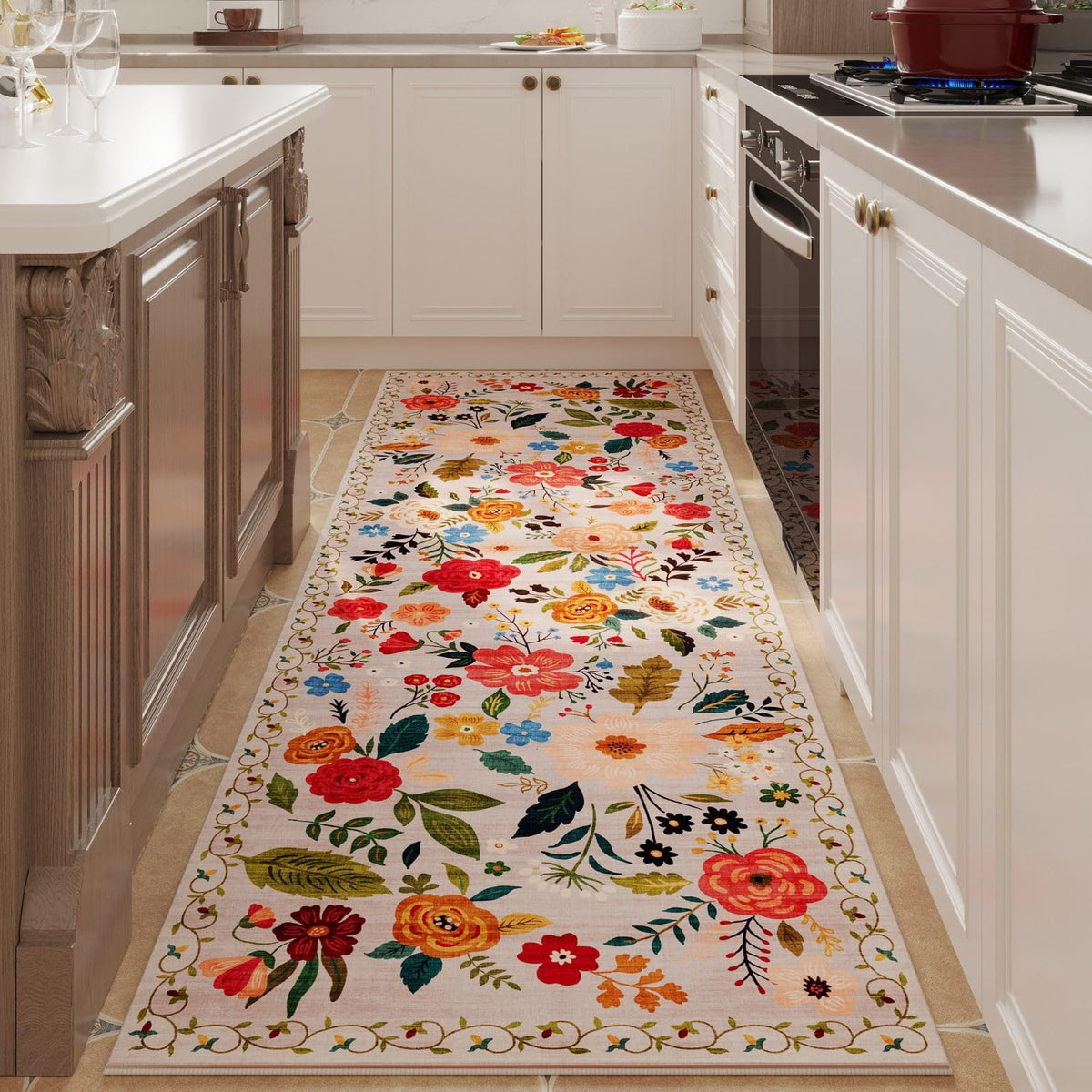 Rugcomf Living Room Rug 5x7 Rug Machine Washable Boho Area Rug Non Slip Floral Vintage Low Pile Large Rugs for Living Room, Bedroom, Farmhouse, Dining Room, Kids Playroom(Black)