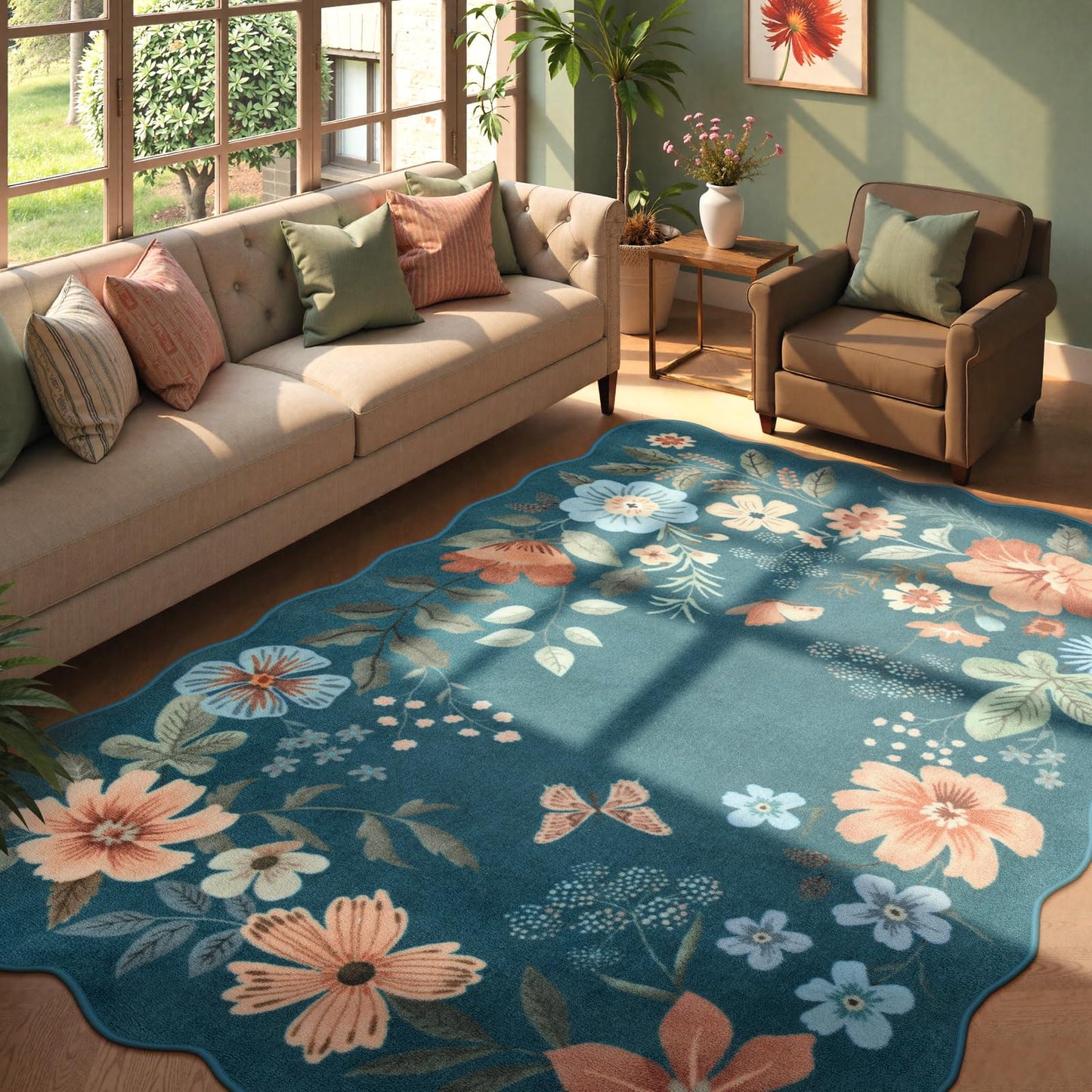 Lahome Floral Rugs for Living Room, 5x7 Area Rugs Ultra-Thin Soft Washable Rug, Non-Slip Bedroom Rug Stain Resistant Boho Flore Carpet for ‎Dining Room Office (5x7ft,Black/Grey)