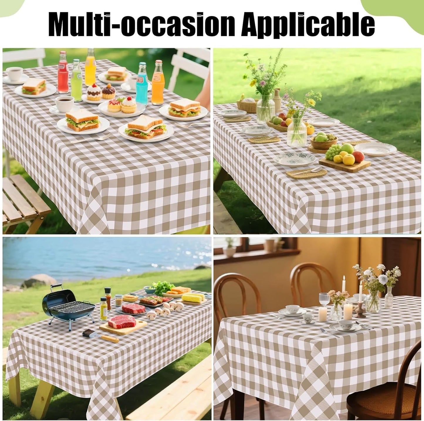Smiry Picnic Table Cloth, Vinyl Tablecloths with Flannel Backing, 60"x84" | Waterproof Rectangle Table Cloth, Wipeable Buffalo Plaid Table Cover for Indoor and Outdoor (Khaki & White)